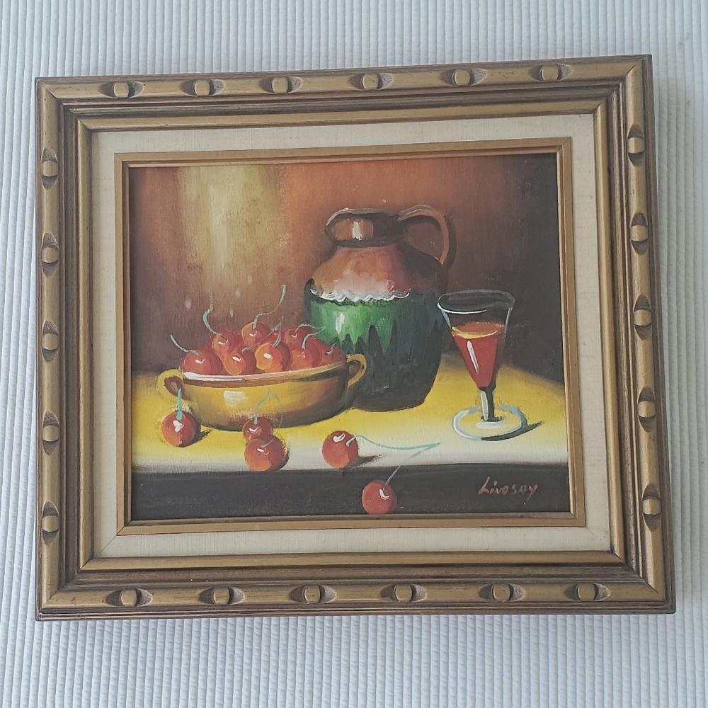 Still Life Oil Painting 16.5×14.5 Vintage Signed Cherries Wine Jug Wood Frame